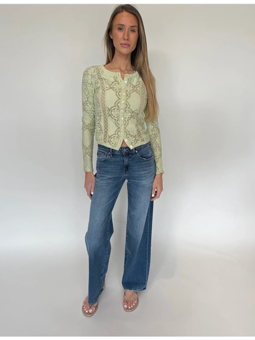 FREE PEOPLE JAE KNIT LONG SLEEVE TOP GREEN SIZE M